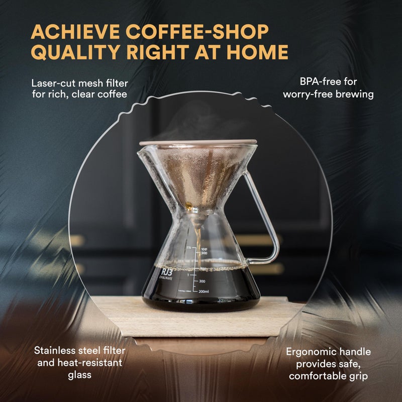 ovalware Pour Over Coffee Maker Set | 17oz / 0.5L Borosilicate Carafe with 304 Stainless Steel Filter and Precision Measuring Cup | Glass Coffee Dripper for Home Brewing - Image 3
