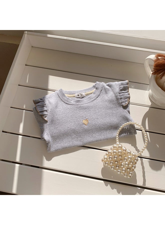 Korean Style Foreign Style Girls' Cotton Bottoming Shirt Kidsren's Heart Embroidered Long-sleeved T-shirt Baby Bottoming Shirt Autum Top