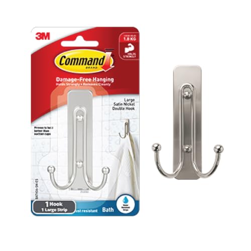 Command 3M Command Bath Large Satin Nickel Metal Premium Double Hook, Holds 1.8 kg, water resistant, rust resistant, Holds Strongly, Heavy Duty, no Paint Damage, Reusable, Adhesive hooks for wall, Multi-surface, Kitchen and Bathroom (1 hook, 2 strips) - Image 1