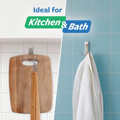 Command 3M Command Bath Large Satin Nickel Metal Premium Double Hook, Holds 1.8 kg, water resistant, rust resistant, Holds Strongly, Heavy Duty, no Paint Damage, Reusable, Adhesive hooks for wall, Multi-surface, Kitchen and Bathroom (1 hook, 2 strips) - Image 4