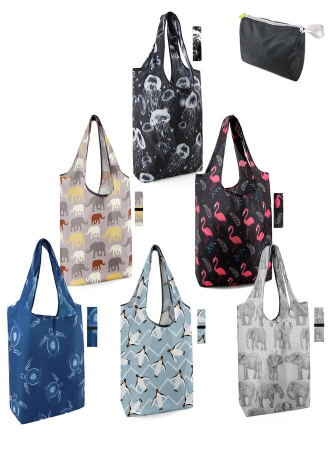 BeeGreen Raccoon Reusable Grocery Bags Frog Elephant Penguin Jellyfish Shopping Bags Bulk 50LBS X-Large Heavy Duty 6 Pieces - Image 1