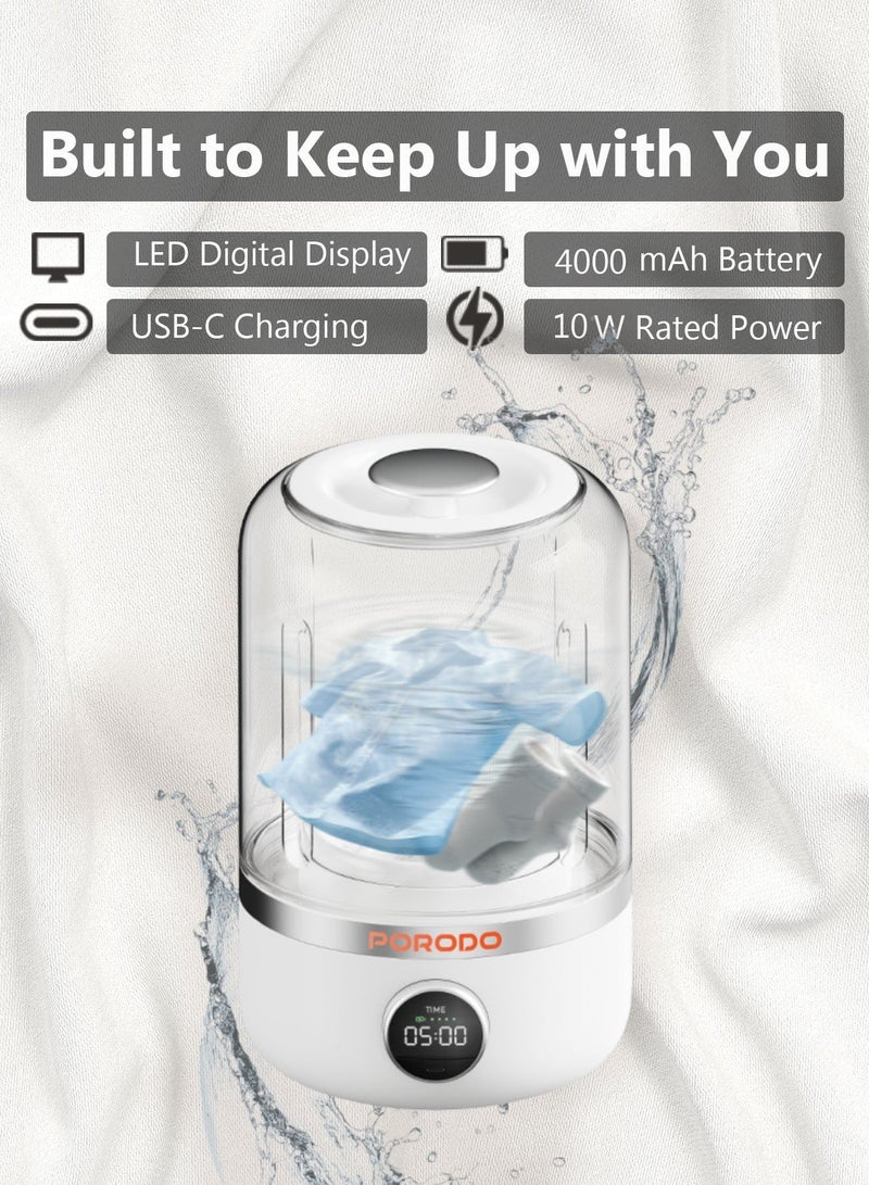 porodo Cordless Mini Washing Machine for Delicate and Baby Clothes 1.2L Capacity / Dual Washing Modes / LED Digital Display / Compact & Portable / Suitable for Washing Uder Wear - White - Image 5