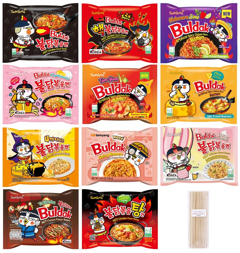 Pinstar Premium Samyang Spicy Hot Chicken Ramen 11 Flavor Variety Pack - FREE Chopsticks - Korean Buldak Ramen Noodles (11 Pack) - Image 1