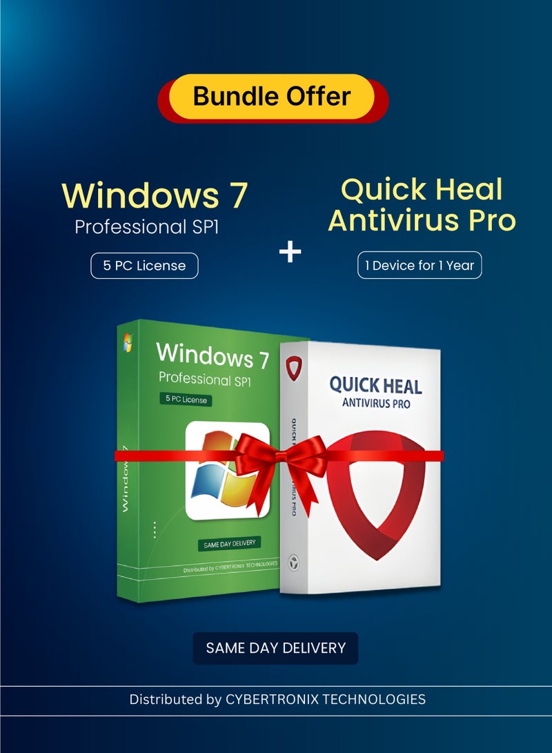 Windows Microsoft Windows 7 Professional SP1 (5 PC License) + Quick Heal Antivirus Pro (1 Device, 1 Year) Digital License | Same Day Delivery | Bundle Pack