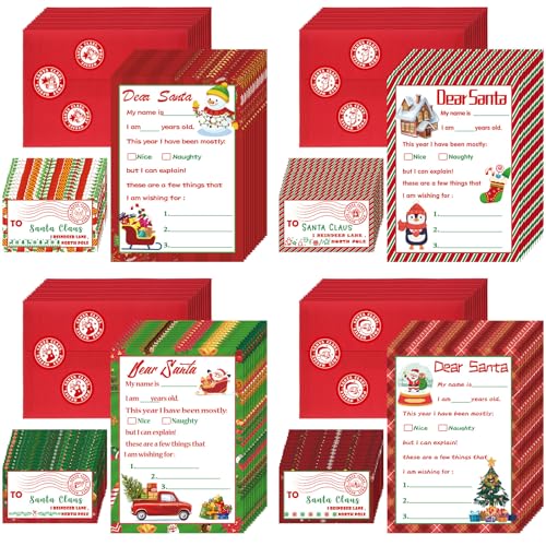 Cholemy 192 Pcs Official Letter to Santa Kit Including 48 Pcs Christmas Cards with Coordinating 48 Pcs Red Envelopes 48 Pcs Stamps 48 Pcs Stickers 5 x 7 Letter to Santa for Christmas Wish List Kids - Image 1