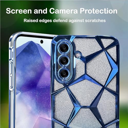 VONZEE Gradient Glitter Case for Samsung A17, Luxury Electroplated 3D Cube, Diamond Bling Shiny Soft TPU Clear Shockproof Women Girls Protective Phone Cover (Blue) - Image 5