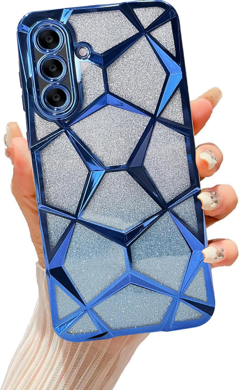 VONZEE Gradient Glitter Case for Samsung A17, Luxury Electroplated 3D Cube, Diamond Bling Shiny Soft TPU Clear Shockproof Women Girls Protective Phone Cover (Blue) - Image 1