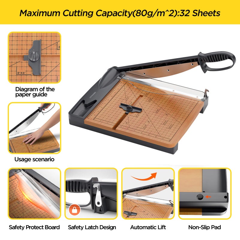 LOTHANEK 12'' Wood Guillotine Paper Cutter, Heavy Duty Wood Base Paper Trimmer with 32 Sheets Capacity Paper Cutting Board for Classroom, Crafting, Cardstock, Art Projects - Image 3