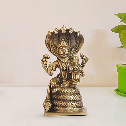 ARTVARKO Brass Lakshmi Narasimha Murti Vishnu Laxmi Narayan Sheshnaag Idol Puja Statue Showpiece 5 Inch. - Image 1