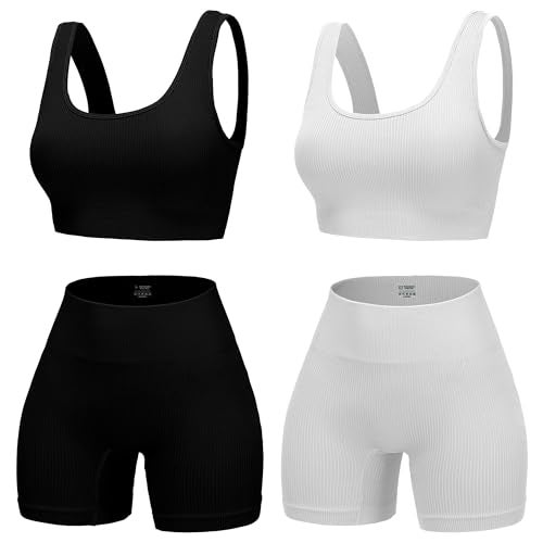 YWBIN 4 Piece Workout Sets for Women Seamless Ribbed High Waist Yoga shorts with Sports Bra Outfits - Image 1
