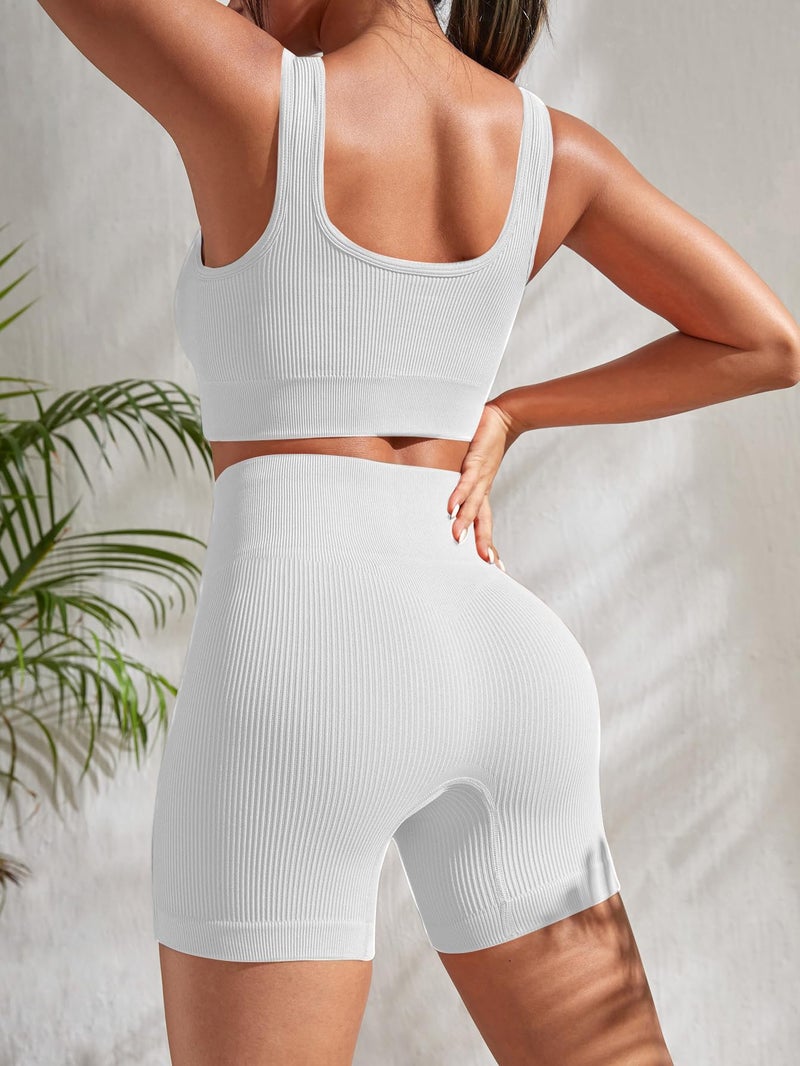 YWBIN 4 Piece Workout Sets for Women Seamless Ribbed High Waist Yoga shorts with Sports Bra Outfits - Image 5