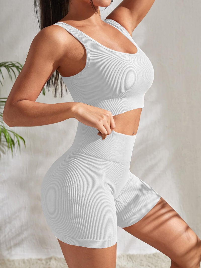 YWBIN 4 Piece Workout Sets for Women Seamless Ribbed High Waist Yoga shorts with Sports Bra Outfits - Image 4