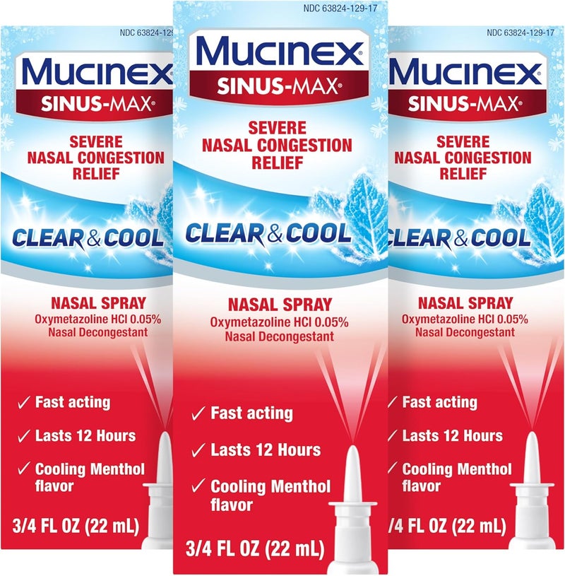 MUCINEX بخاخ أنف سينوس ماكس مزيل الاحتقان 12 ساعة دواء بدون وصفة طبية بخاخ أنف لتخفيف احتقان الجيوب الأنفية مزيلات احتقان الأنف للبالغين مع منتول مهدئ 0.75 أونصة سائلة عبوة من 3 - Image 1