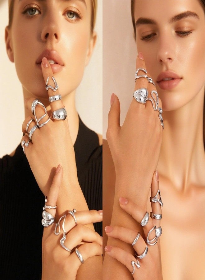 IFKM 15pcs Silver Chunky Rings Set for Women 14k Gold Plated Thick Dome Stackable Open Rings Trendy Dainty Minimalist Jewelry Gifts, Stainless Steel, No Gemstone - Image 4