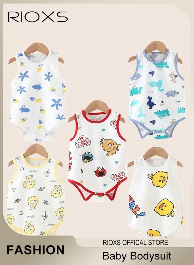 RIOXS Baby Boys Girls Onepiece Romper Sets 5pcs Summer Baby Bodysuit Sleeveless Romper Sleep Suit Sets for Baby Made from Lightweight Breathable and Soft Cotton Fabric  - Image 2