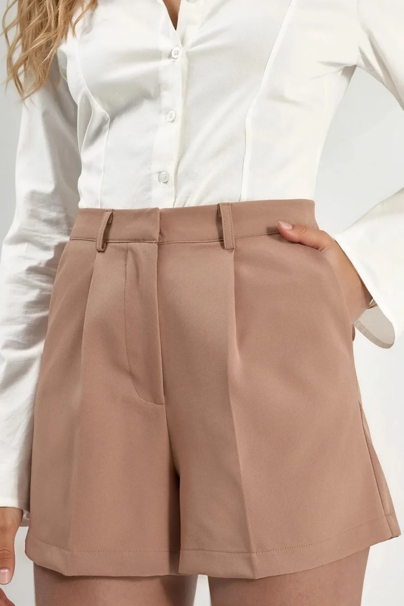 Hiccup Camel Brown High Waist Wide Leg Mini Shorts for Women | Best Price UAE