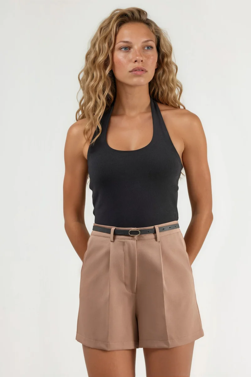 Hiccup Camel Brown High Waist Wide Leg Mini Shorts for Women | Best Price UAE