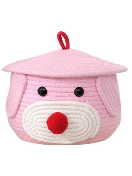 BUNAII Jute Cotton Cute Bear Hand Woven Fruit basket, storage basket, Oraganizer Box For jewellery, toys, cosmetics and for multipurpose uses with cap (PINK) Pack of 1 (11 x 11 x 7) Inches  - Image 2