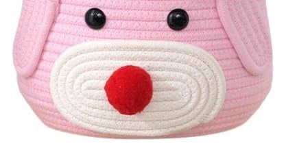 BUNAII Jute Cotton Cute Bear Hand Woven Fruit basket, storage basket, Oraganizer Box For jewellery, toys, cosmetics and for multipurpose uses with cap (PINK) Pack of 1 (11 x 11 x 7) Inches  - Image 3