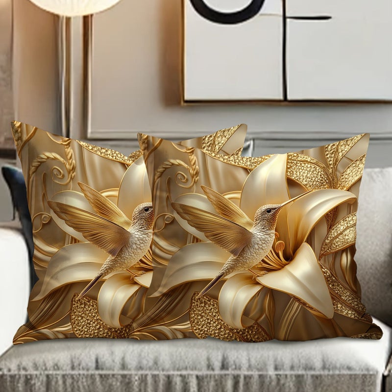 2pcs 18x18 Inch Modern Hummingbird Giant Lily Velvet Throw Pillows Machine Washable Polyester Zipper Closure Contemporary Decorative Cushion Covers For Living Room Bedroom Sofa Single Sided Print Unfilled Velvet Texture Home Decor - Image 2
