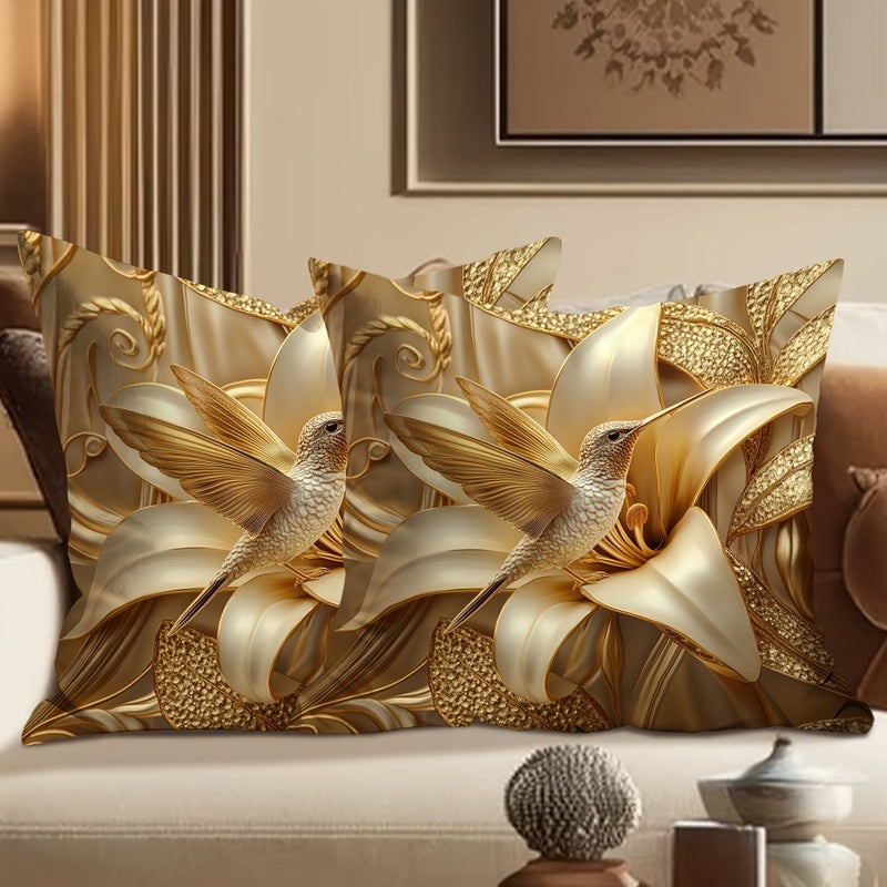 2pcs 18x18 Inch Modern Hummingbird Giant Lily Velvet Throw Pillows Machine Washable Polyester Zipper Closure Contemporary Decorative Cushion Covers For Living Room Bedroom Sofa Single Sided Print Unfilled Velvet Texture Home Decor - Image 5