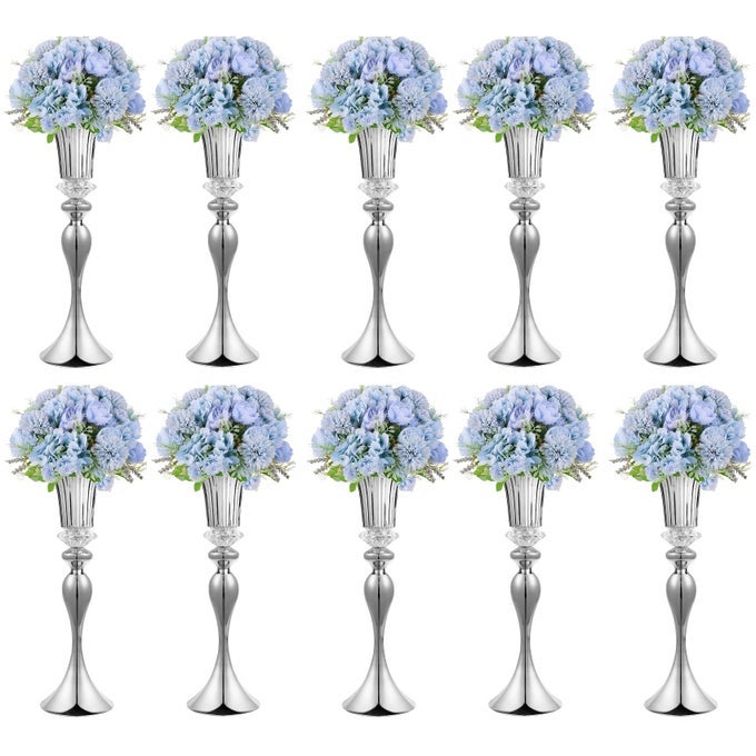 METAL TRUMPET WEDDING FLOWER VASES 22 TALL ELEGANT TABLE CENTERPIECE VASES GOLD FLOWER ARRANGEMENT STANDS FOR ANNIVERSARY CEREMONY BIRTHDAY PARTY EVENT WEDDING HOME DECORATION SILVER 2210PCS