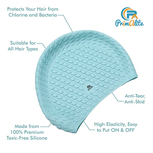 Primalite Silicone Swimming Cap with Nose Clip & Ear Plug- Long & Short Hair, Cover Ears to Keep Hair Dry, Waterproof Swim Caps, Anti-Slip Comfortable High Elasticity-Adults Men Women Kids- Mint Green - Image 2