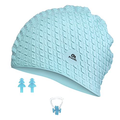 Primalite Silicone Swimming Cap with Nose Clip & Ear Plug- Long & Short Hair, Cover Ears to Keep Hair Dry, Waterproof Swim Caps, Anti-Slip Comfortable High Elasticity-Adults Men Women Kids- Mint Green - Image 1