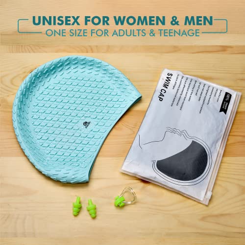 Primalite Silicone Swimming Cap with Nose Clip & Ear Plug- Long & Short Hair, Cover Ears to Keep Hair Dry, Waterproof Swim Caps, Anti-Slip Comfortable High Elasticity-Adults Men Women Kids- Mint Green - Image 3