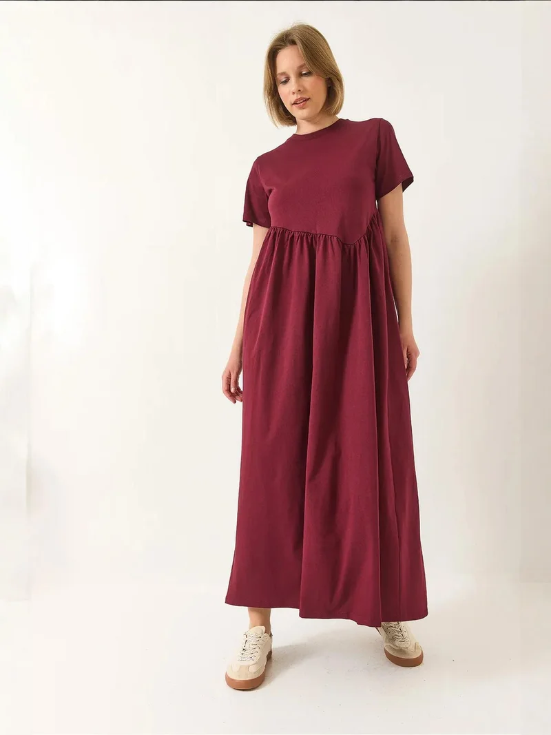 Bianco Lucci Burgundy Red LUCCI Maxi Crew Neck Loose Knit Dress for Women | Best Price UAE
