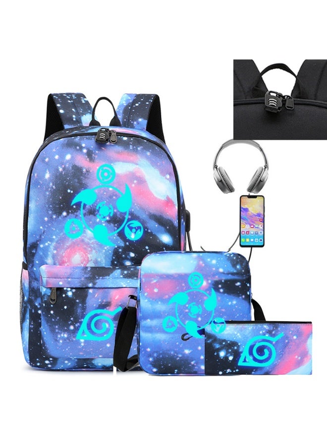 ناروتو الكتابة عجلة العين على ظهره الذكور والإناث المدرسة المتوسطة طالب حقيبة مدرسية أوسب قابلة للشحن على ظهره حقيبة مقلمة ثلاث قطع مجموعة - Image 1