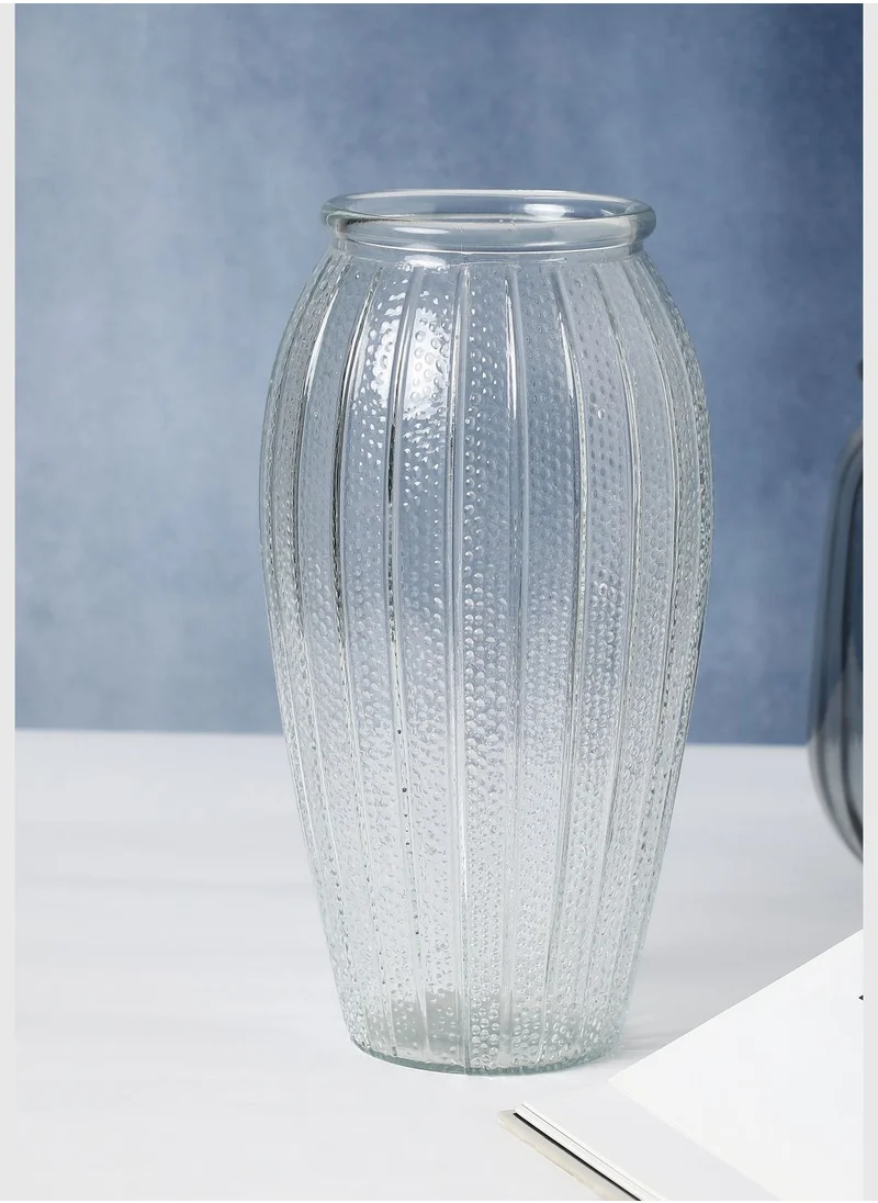 Bonhomie Modern Transparent Round Tall Striped Glass Flower Vase For Home Decor