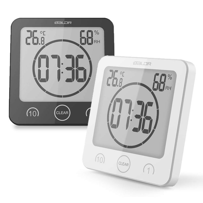 BALDR Digital Bathroom Clocks  2 Pack WaterResistant Shower Clock with Timer  Large LCD Display Digital Clock for Shower with Timer Temperature and Humidity Wall Clock for Bathroom Black  White