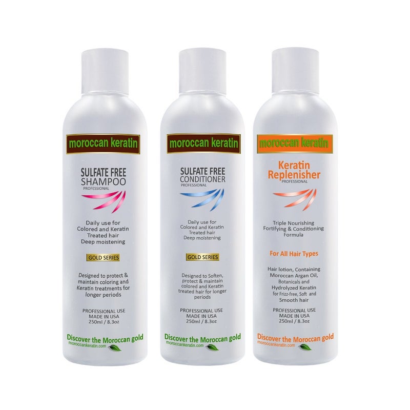 MOROCCAN KERATIN TRIPLE CARE KIT KERATIN REPLENISHER, SULFATE FREE SHAMPOO & CONDITIONER Important To maintain keratin treatments for longer period and great looking hair. - Image 1