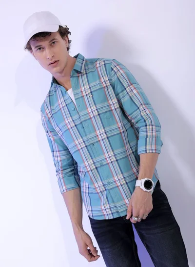 شركة المرآب الهندية Men Slim Fit Checkered Full Sleeves Cutaway Collar Casual Shirt