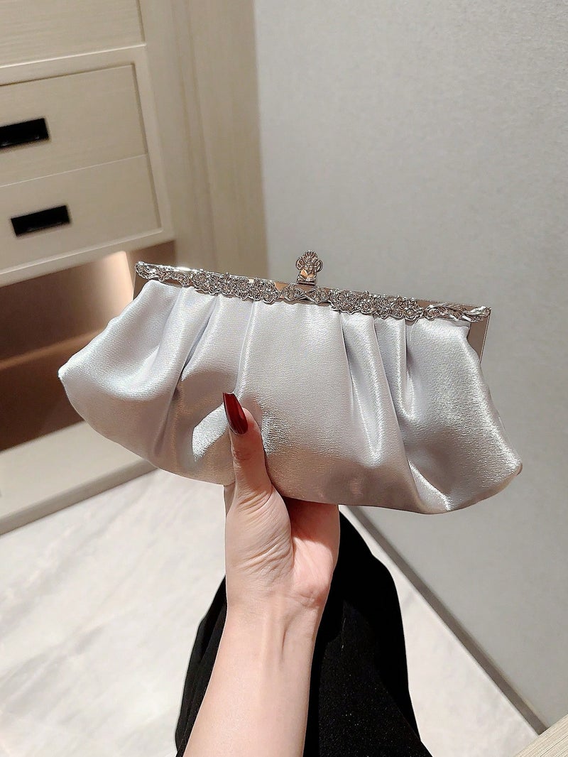 Elegant Women’s Silver Satin Evening Clutch with Delicate Chain – Chic Design for Special Occasions - Image 1