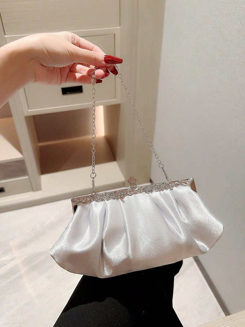 Elegant Women’s Silver Satin Evening Clutch with Delicate Chain – Chic Design for Special Occasions - Image 4