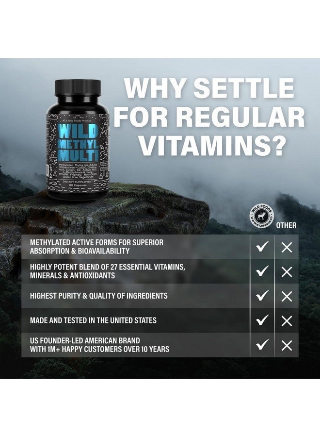 Wild Foods Wild Methylated Multivitamin for Women & Men | Daily Multi Vitamin | MTHFR Supplement Without Iron | Methylated B12, Folate, Vitamin C, A, K2, D, E, Choline, Biotin, ALA, CoQ10 & More (60 Capsules) - Image 5