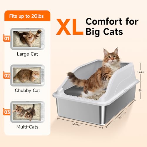 KISENG 2PACK Stainless Steel Cat Litter Boxes, XL Large Metal Litter Box with High Sides Lid, Odor Free Litter Pan Include Scoop Easy Cleaning Anti-Scratch Kitty Cat Box Anti-Urine Leakage, Non-Sticky - Image 2