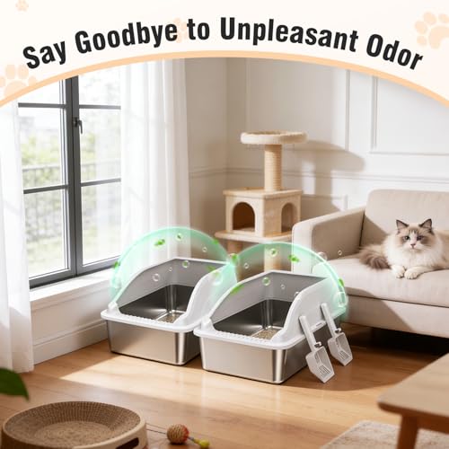 KISENG 2PACK Stainless Steel Cat Litter Boxes, XL Large Metal Litter Box with High Sides Lid, Odor Free Litter Pan Include Scoop Easy Cleaning Anti-Scratch Kitty Cat Box Anti-Urine Leakage, Non-Sticky - Image 3