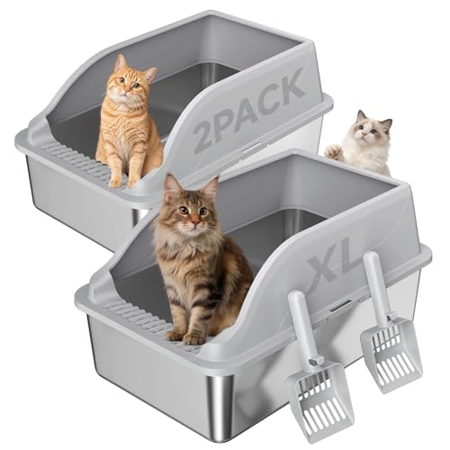 KISENG 2PACK Stainless Steel Cat Litter Boxes, XL Large Metal Litter Box with High Sides Lid, Odor Free Litter Pan Include Scoop Easy Cleaning Anti-Scratch Kitty Cat Box Anti-Urine Leakage, Non-Sticky - Image 1