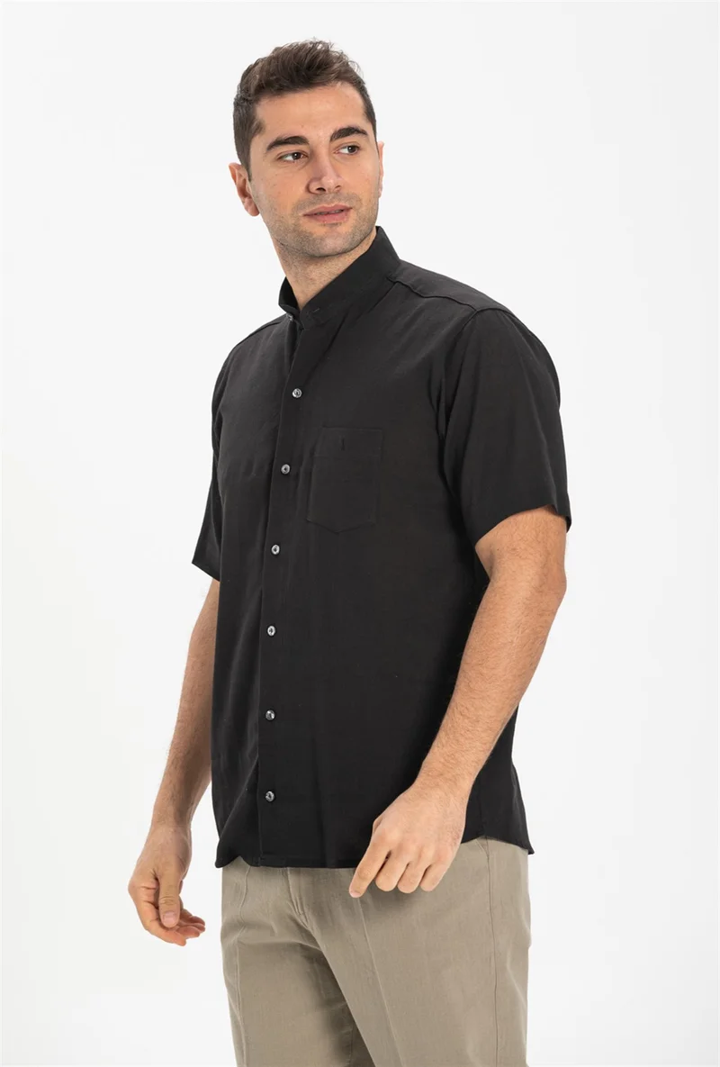 اليش شيل بيزي Short Sleeve Şile Cloth Classic Collar Single Pocket Men's Shirt Black 3003