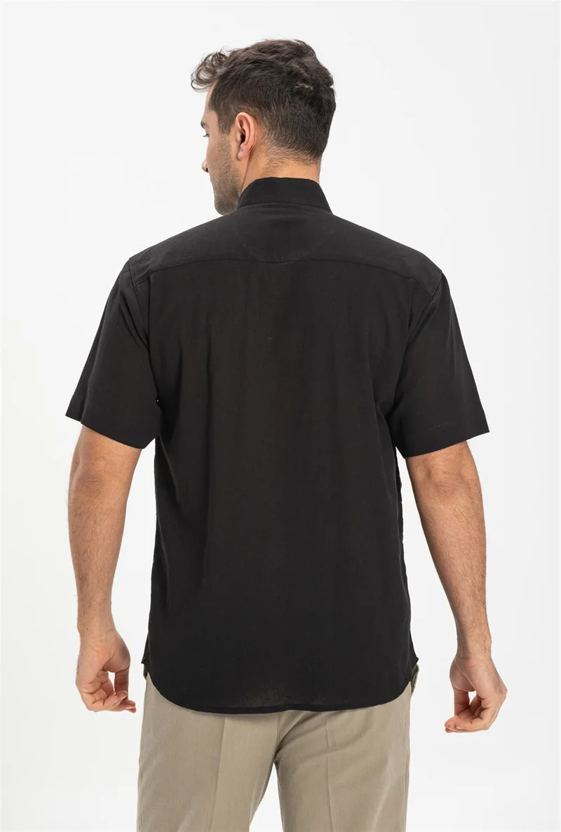 اليش شيل بيزي Short Sleeve Şile Cloth Classic Collar Single Pocket Men's Shirt Black 3003