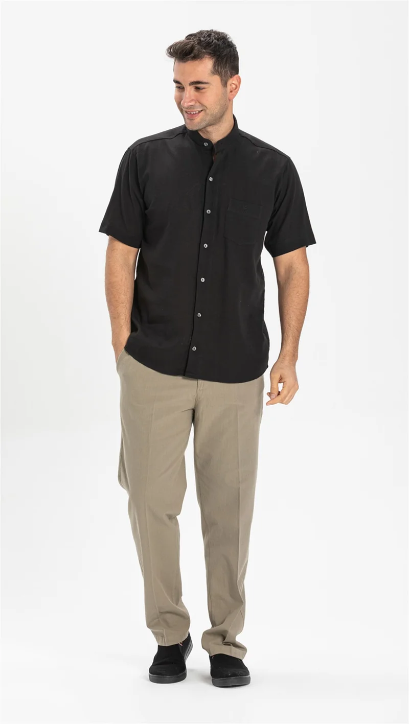 اليش شيل بيزي Short Sleeve Şile Cloth Classic Collar Single Pocket Men's Shirt Black 3003