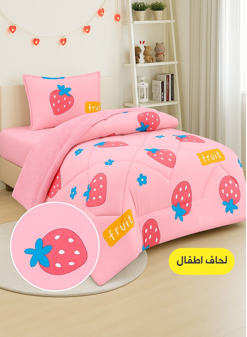 مينج لي مفرش شتوي سرير اطفال وجهين (وجه مخمل + وجه فرو) – طقم مفارش 3 قطع (1 لحاف برسومات + 1 شرشف مطاطي + 1 أغطية وسائد) – يناسب سرير مقاس 200×120 سم - Image 1