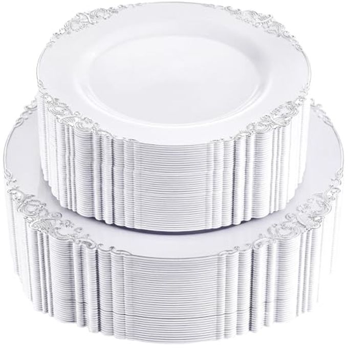 102PCS WHITE AND SILVER PLASTIC PLATES HEAVYWEIGHT SILVER PLATE WEDDING PLATE WITH SILVER RIM FANCY DINNER DESSERT PLATES FOR 51 GUESTS WEDDINGS PARTIES