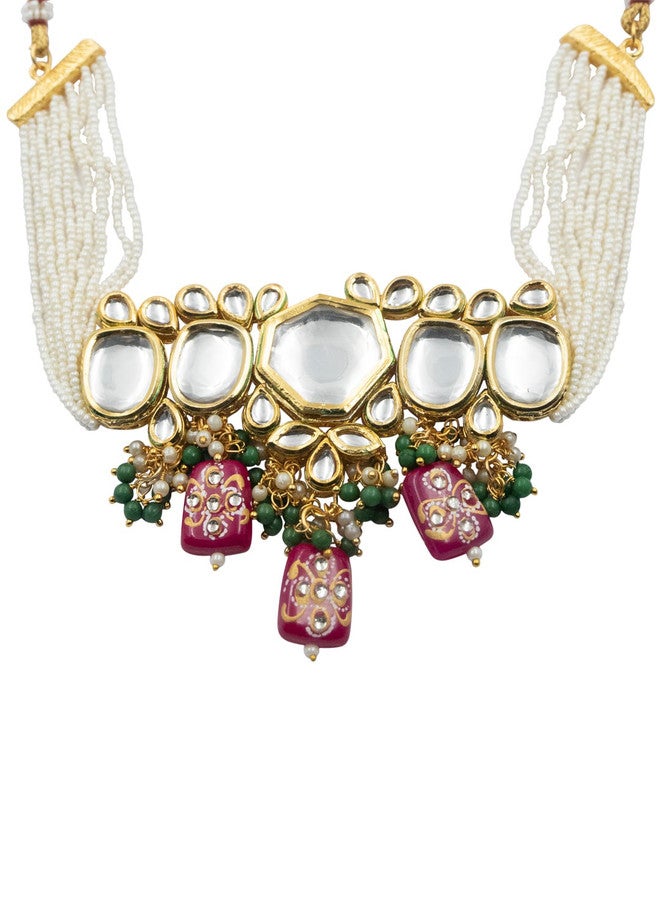 StileAdda Gold-Plated Kundan Studded & Beaded Vilandi Jewellery Set - Image 4