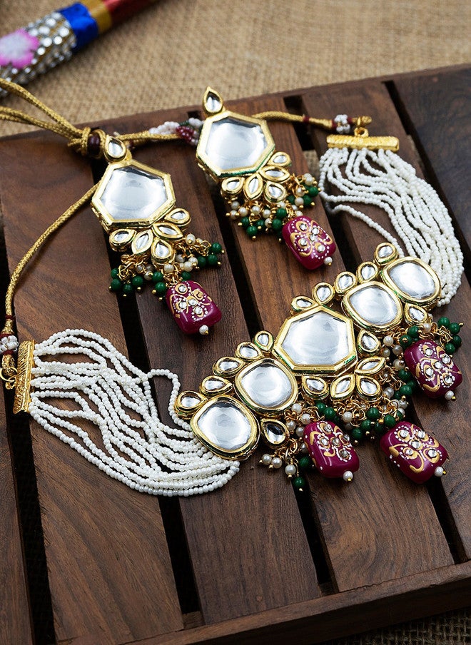 StileAdda Gold-Plated Kundan Studded & Beaded Vilandi Jewellery Set - Image 1