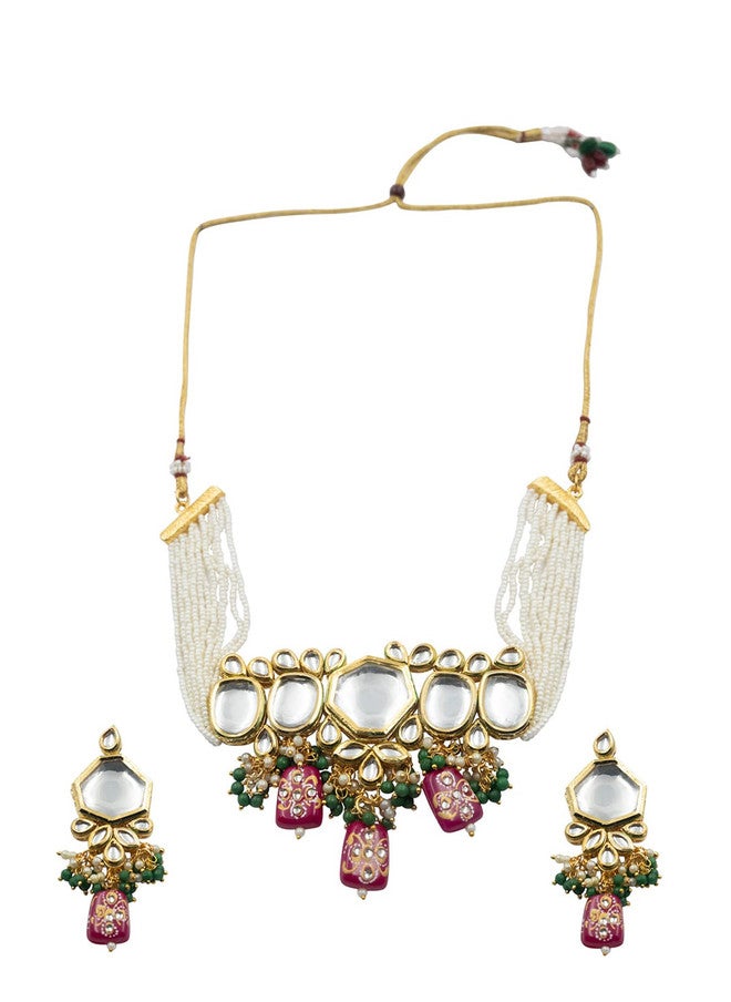 StileAdda Gold-Plated Kundan Studded & Beaded Vilandi Jewellery Set - Image 2