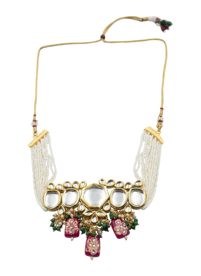 StileAdda Gold-Plated Kundan Studded & Beaded Vilandi Jewellery Set - Image 3